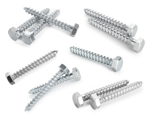 Metal lag bolts isolated on white, set