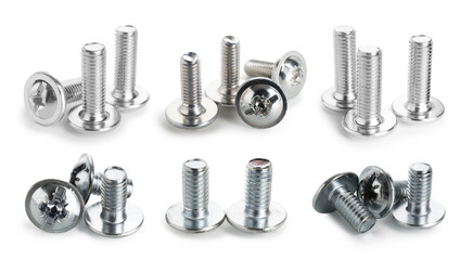 Different metal bolts isolated on white, set