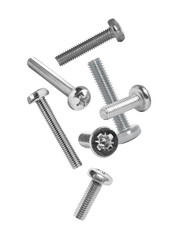 Different metal bolts falling against white background