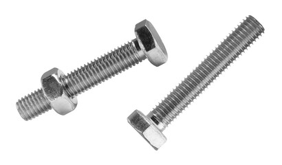 Metal lag bolts isolated on white. One with nut