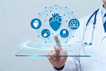 Doctor interacting with a digital health interface displaying medical icons and a heart network