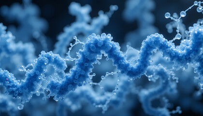  blue-toned molecular structure featuring intertwining, wavy chains with a fuzzy, HD and 4k image