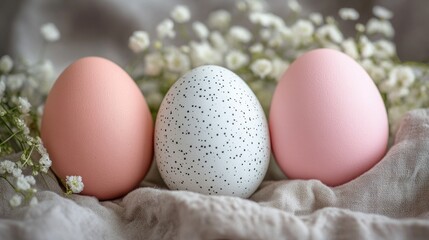 Three Easter White, Grey, and Pink Eggs, Festive Decoration.