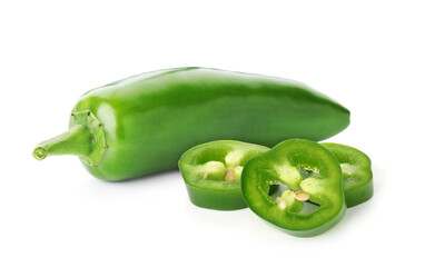 Fresh green jalapeno peppers isolated on white. Whole and sliced