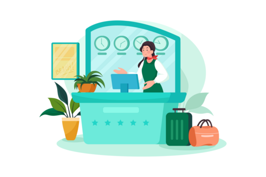 Female Receptionist at Hotel Reception Desk with Clocks and Green Plants on Transparent Background