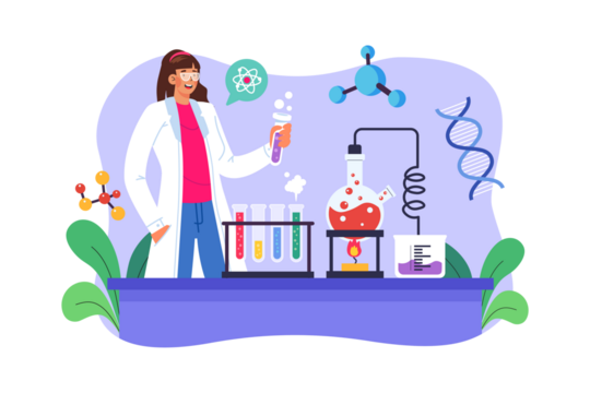 Female Scientist in White Lab Coat Conducting Chemical Experiments with Test Tubes Beaker and Molecular Models on Purple Table with Transparent Background