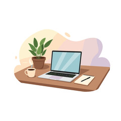 Fototapeta premium Cozy Workspace A Laptop, Coffee, and Plant for Productivity and Comfort, Ideal for Working from Home