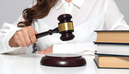 Woman in white shirt holds gavel over books