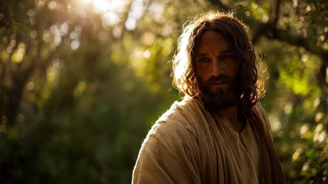 Jesus extends a welcoming hand in warm light during a tranquil moment in nature, conveying compassion and hope