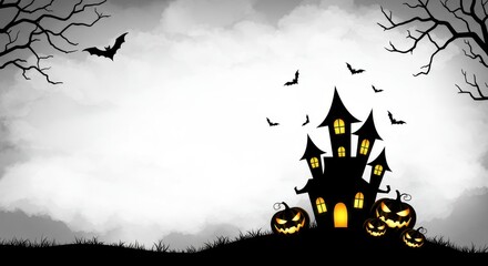 Black and white spooky Halloween background with haunted house silhouette, flying bats, and glowing jack-o'-lanterns