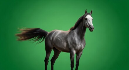 Grey horse standing on green screen background. Animal for chromakey compositing. Isolated digital effect element.