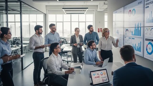 Business team meeting data analysis presentation group work modern office
