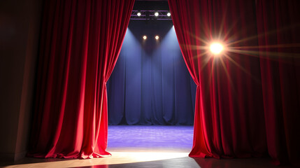 Concept of Beautiful Miss Pageant Queen Contest opens Stage Curtain as Door windows of New Opportunity, Life, Work. Camera flash from media press photographer, Double Exposure copy space text logo