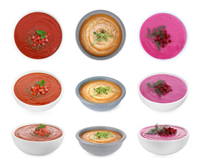 Smooth and velvety food texture. Different cream soups isolated on white, set