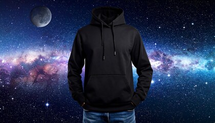 A blank black hooded sweatshirt is showcased against a vibrant galaxy backdrop with a moon. The hoodie appears to be floating