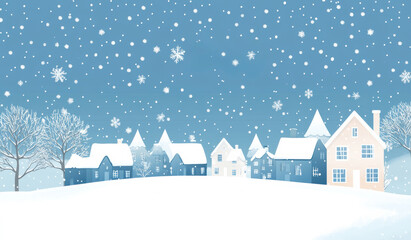 Winter village landscape with snowflakes falling on charming houses and trees