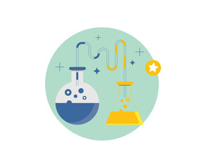 design circular icon displays chemistry apparatus, featuring a round-bottom flask with bubbling liquid connected via tubing to an Erlenmeyer flask, all on a white background.