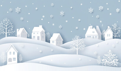 Winter landscape with snow-covered houses and falling snowflakes in a serene setting