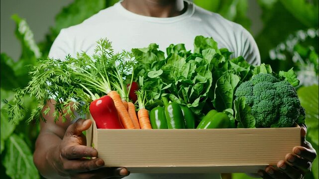 Weathered farmer carrying wooden crate brimming with freshly harvested organic produce, representing and wholesome agriculture local nutrition video 4k