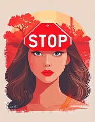 Woman with a stop sign on her head