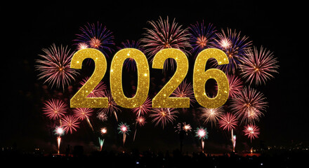 Happy New Year 2026. Glittering gold numbers over a spectacular fireworks show at night for celebration