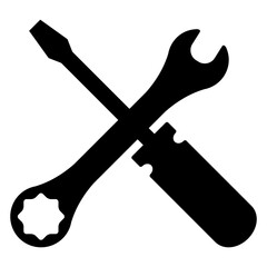 Logo men at work. Icono silueta de llave fija y destornillador cruzados