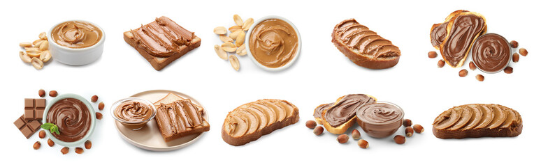 Smooth and velvety food texture. Peanut butter and chocolate spread isolated on white, set