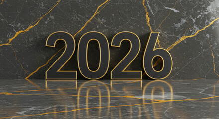 Year 2026 in black and gold on a luxurious black marble background. Premium business and financial concept