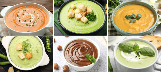 Smooth and velvety food texture. Cream soups and chocolate spread, collage
