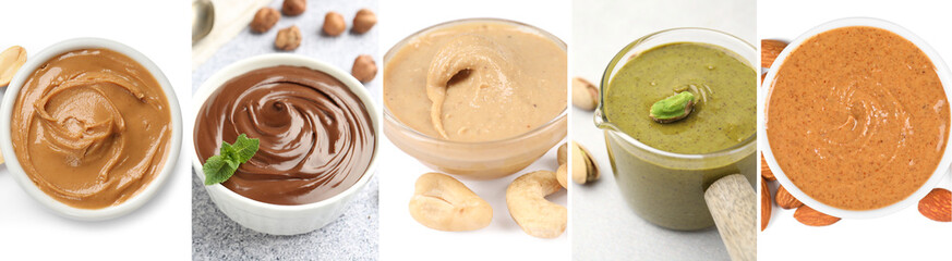 Smooth and velvety food texture. Different nut spreads, collage