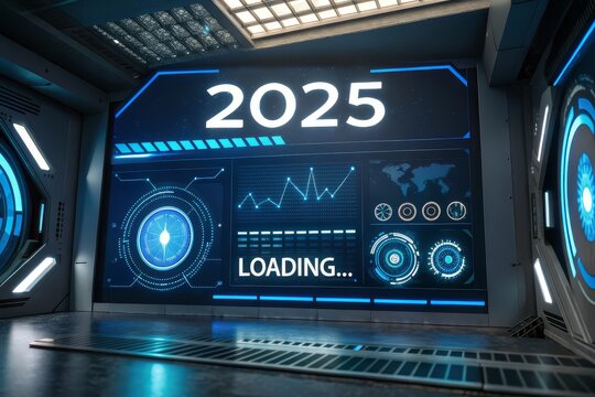 Futuristic digital dashboard announces 2025 with loading progress bar and global data visualizations