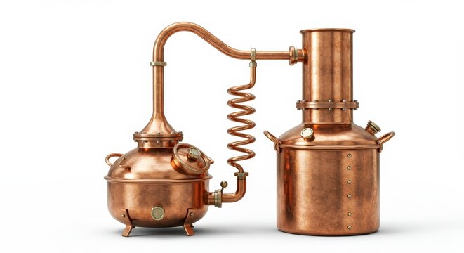 Traditional copper still or alembic for distilling alcohol, essential oil, or perfume, isolated on white background