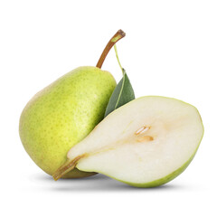 Fresh sweet pears isolated on white. Whole and sliced