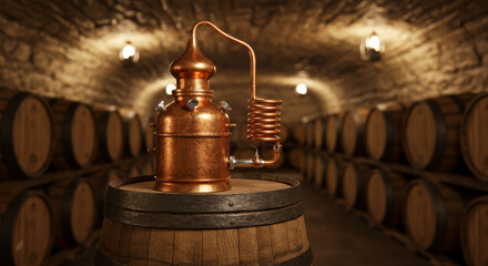 Copper still on a wooden barrel in a dark distillery cellar, surrounded by rows of aged alcohol barrels