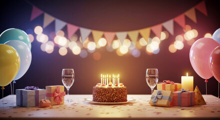 Birthday party scene with chocolate cake, candles, gifts, balloons, and decorative lights on a festive table