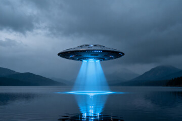 A flying saucer hovers over a calm lake at night, emitting a bright blue beam of light.