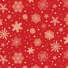 Red background with golden snow and snowflakes.Vector seamless pattern with golden snowflakes and snow on a red background.