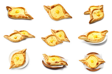 Khachapuri. Tasty pastry with cheese and egg isolated on white, set