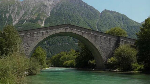 Scenic napoleon's bridge crossing emerald river soca