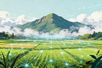 Obraz premium A digital network overlaying a lush green field with a mountain in the background, symbolizing technology integrated into nature.