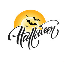 Stylish Halloween script with moon and flying bat silhouettes.