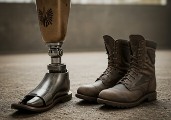 Prosthetic Leg with Emblem and Combat Boots, Veterans Day Tribute to Strength and Identity
