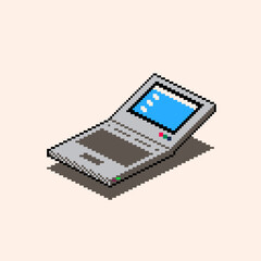 Grey Laptop with Opened Lit and Screen on a Operating System in blue background, Isometric Pixel Art Artwork