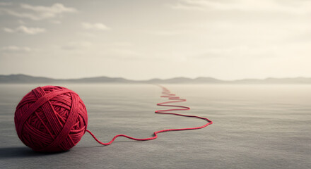 Ball of Red Yarn Unraveling Across an Expansive Landscape, Abstract Photography in a Calm Environment, Captured from a Low Angle Perspective