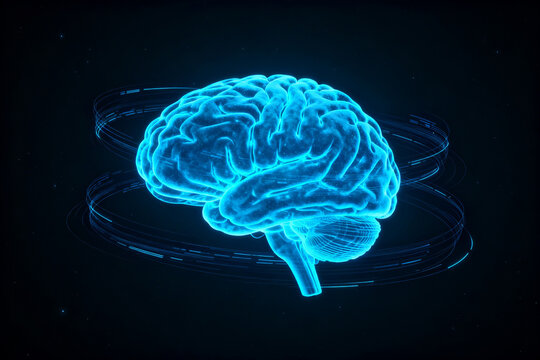 Neon blue human brain model with glowing rings on dark background