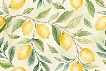 Watercolor seamless pattern of vibrant yellow lemons and lush green leaves on delicate branches creating a fresh and natural botanical design