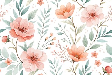 Delicate watercolor floral pattern with soft peach blossoms and greenery on a white background for elegant designs