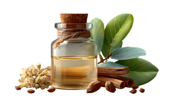 Sandalwood Oil and Plant Isolated on Transparent Background - Aromatherapy Wellness Concept
