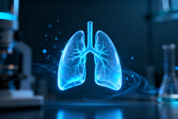 Digital illustration of human lungs with glowing blue anatomy in a laboratory setting