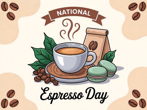 Celebrate national espresso day with a delicious coffee cup beans macarons and coffee bag illustration